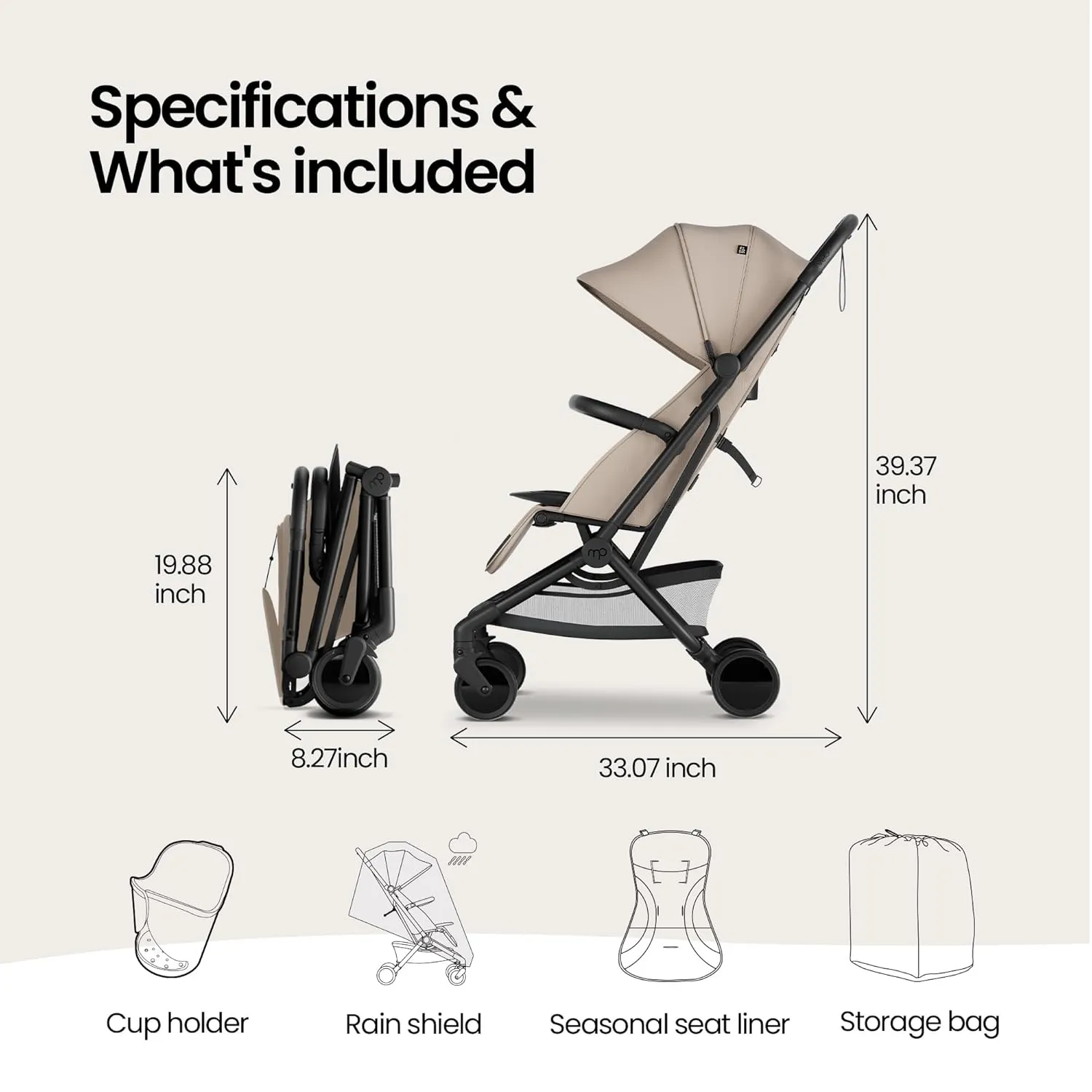 Mompush Velo Lightweight Travel Stroller – One-Hand Fold, Ultra-Compact & Airplane Friendly, Lie-Flat Recline Seat (from Birth to 50 lbs), Includes Cup Holder, Shoulder Strap, and Leather Bumper Bar