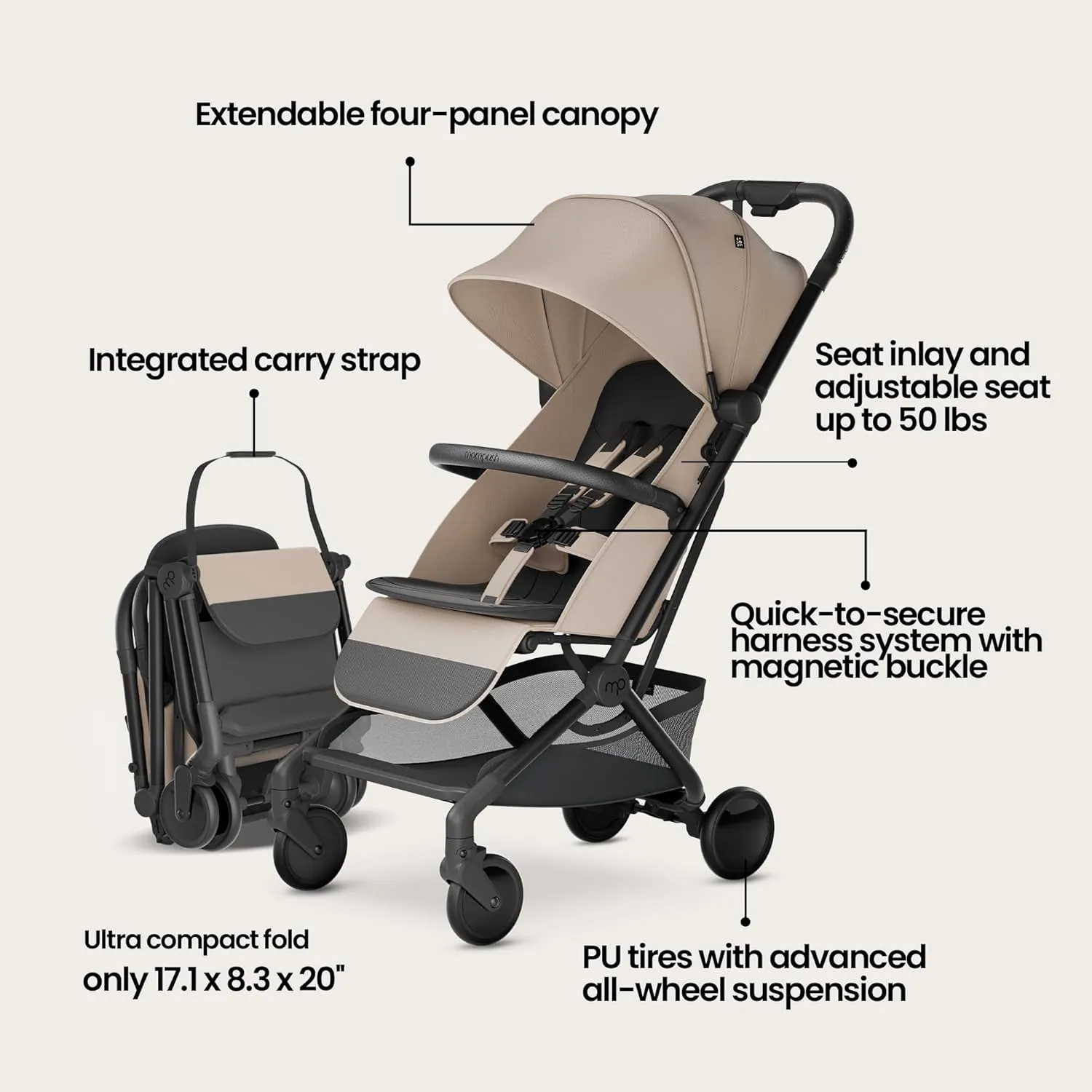 Mompush Velo Lightweight Travel Stroller – One-Hand Fold, Ultra-Compact & Airplane Friendly, Lie-Flat Recline Seat (from Birth to 50 lbs), Includes Cup Holder, Shoulder Strap, and Leather Bumper Bar