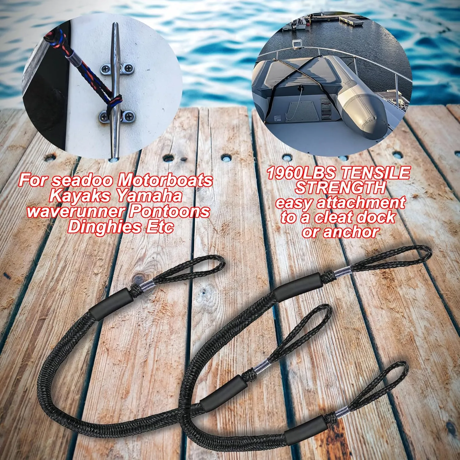 Mooring Strap Bungee Dock Line - Essential Accessories for Built-in Bumpers, Kayaks, Boats, SeaDoo, Jet Skis, Pontoons, Canoes, Jet Skis, and More 2Pack