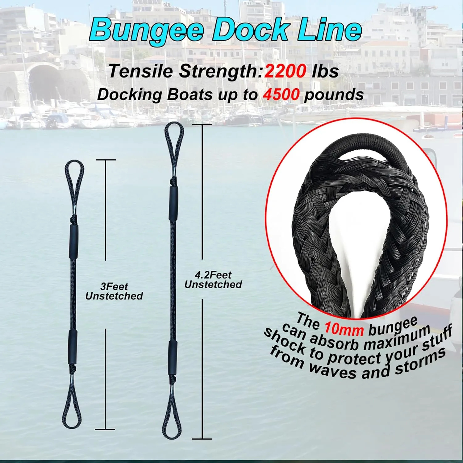 Mooring Strap Bungee Dock Line - Essential Accessories for Built-in Bumpers, Kayaks, Boats, SeaDoo, Jet Skis, Pontoons, Canoes, Jet Skis, and More 2Pack