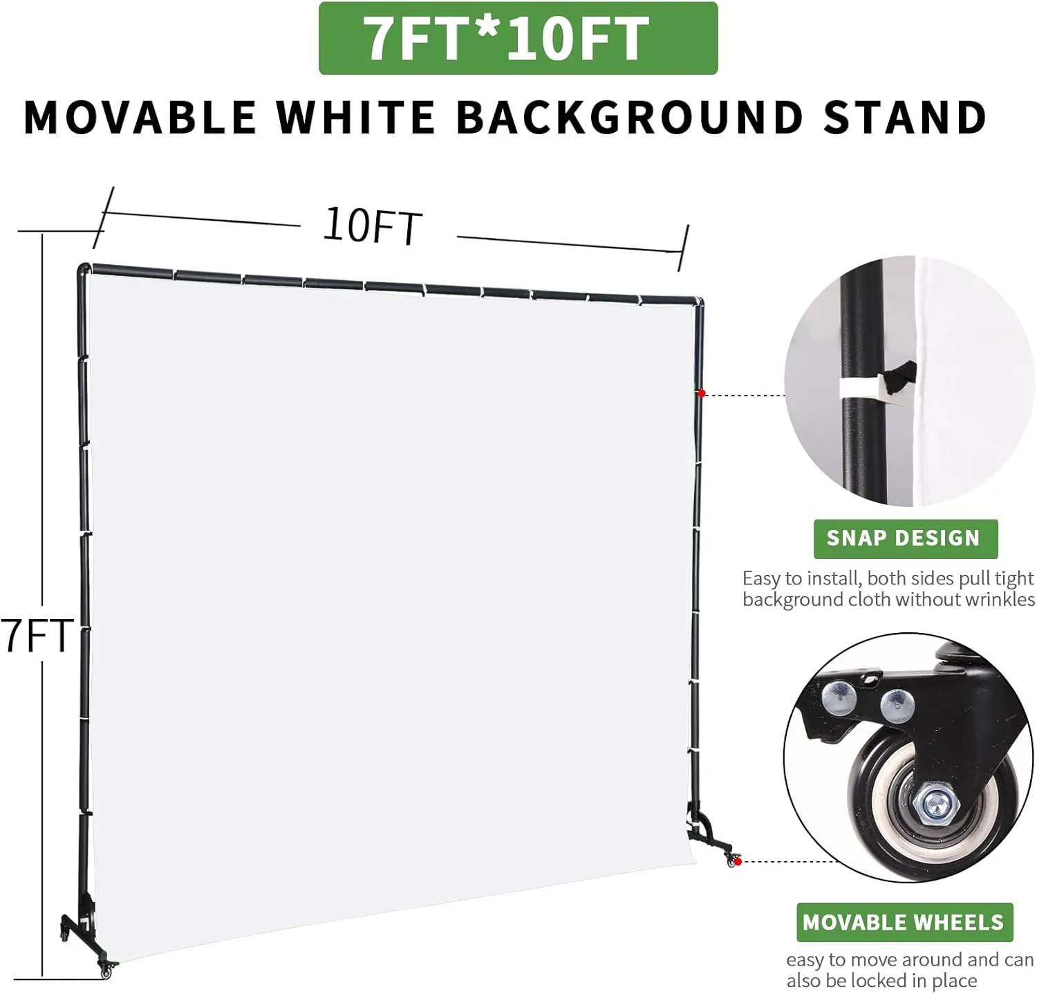 Movable White Backdrop Stand with Pulley, Suitable for Studio Photography, Stage Background Layout, Portrait and Product Photography, Live Streaming, Cutout (7 * 10FT)