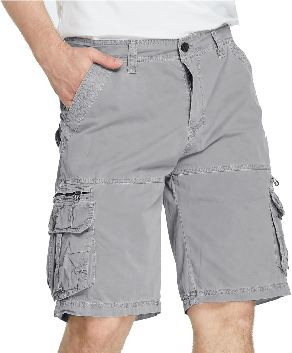 Muscularfit Mens Cotton Shorts Flat-Front Cotton Multi Pockets Cargo Short Solid Buckle Zipper Fashion Utility Tooling Shorts