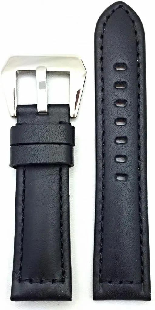 NewLife 22mm Black Leather Watchband Compatible with Panerai Watch | Thick, Smooth, Flat Padded Replacement Watchstrap Bracelet that brings to Any Watch (Mens Standard Length)