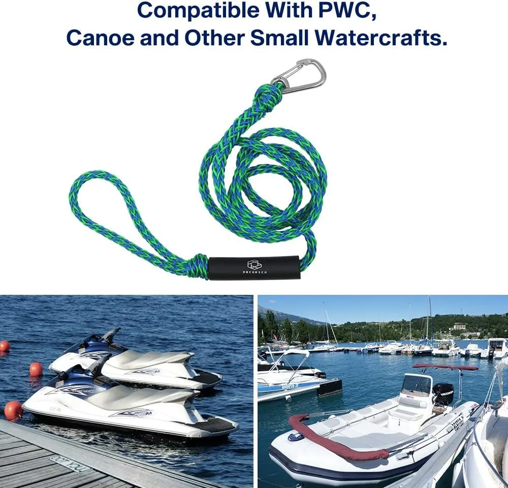 Obcursco PWC Boat Dock Lines 1/2"x (7ft & 14ft), Jet Ski Mooring Tie Pontoon Accessories for Waverunner, Kayak Tow Line With 316 Stainless Steel Clip (Green/Blue)