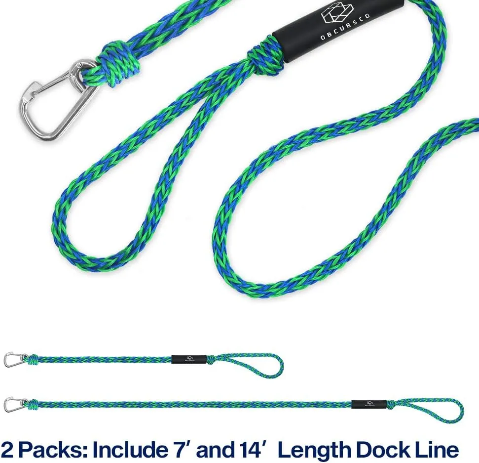 Obcursco PWC Boat Dock Lines 1/2"x (7ft & 14ft), Jet Ski Mooring Tie Pontoon Accessories for Waverunner, Kayak Tow Line With 316 Stainless Steel Clip (Green/Blue)