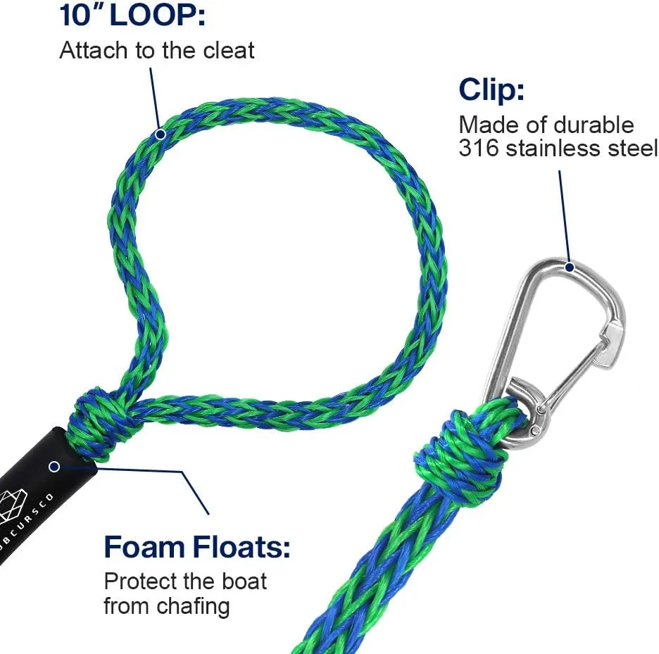 Obcursco PWC Boat Dock Lines 1/2"x (7ft & 14ft), Jet Ski Mooring Tie Pontoon Accessories for Waverunner, Kayak Tow Line With 316 Stainless Steel Clip (Green/Blue)