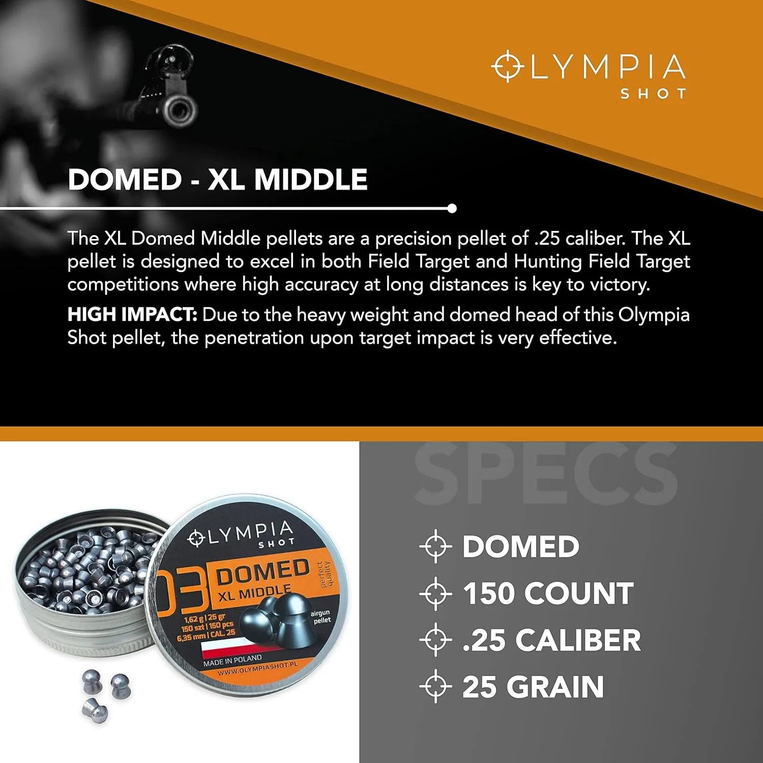 Olympia Shot Air Gun Pellets | .177 Caliber, .22 Caliber, .25 Caliber | Domed, Pointed, Flat Wadcutter Heads | Various Weights for Target Shooting, Hunting, Competition, and Training | 150-500 Count