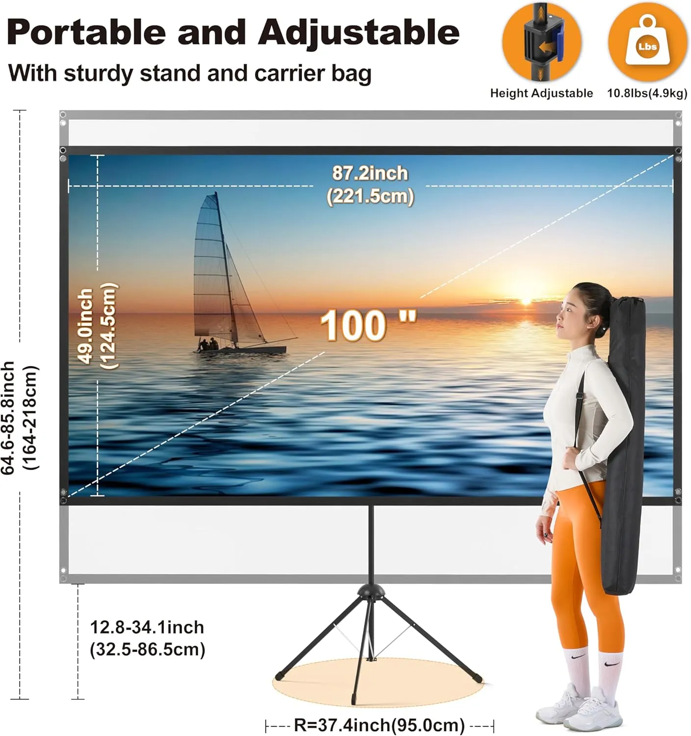 Outdoor Projector Screen 100 Inch, 16:9, High Gain, Projector Screen with Stand, Wind-resistant Design for Portable Projection Screen Outdoor, With Ropes and Spikes, 4K Image for Home Theater, Camping