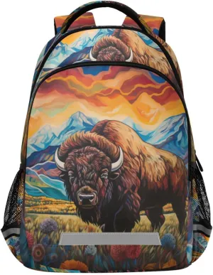 Painting Bison Kids Travel Backpack School Bag Large Capacity with Reflective Strip for Boys Girls 11.6 × 6.9 × 16.7 INCH