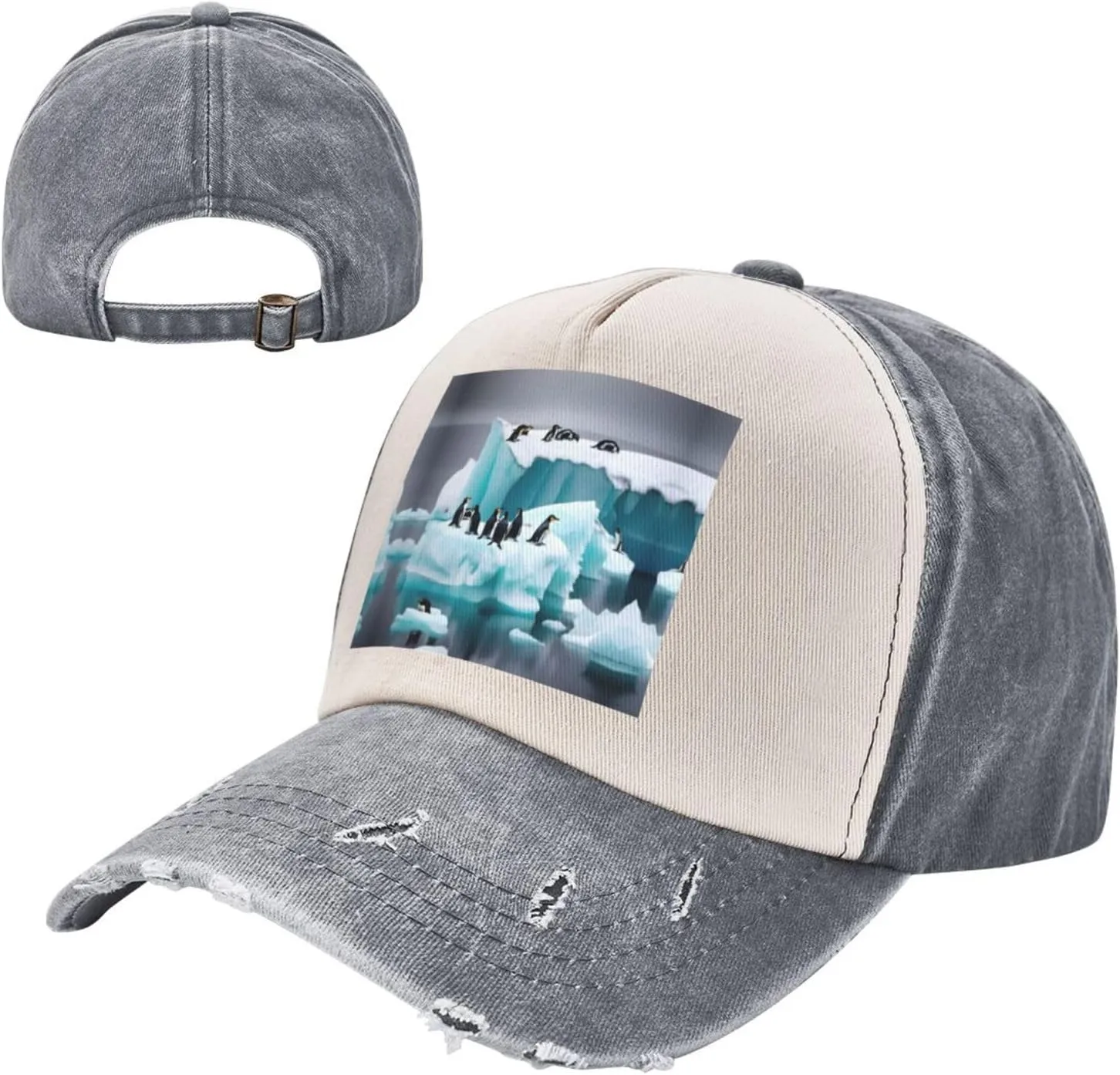 Penguins On The Iceberg Print Golf Flat Snapback Hat,Hip Hop Style Flat Bill,Personalized Adjustable Summer Sun Hat Unisex