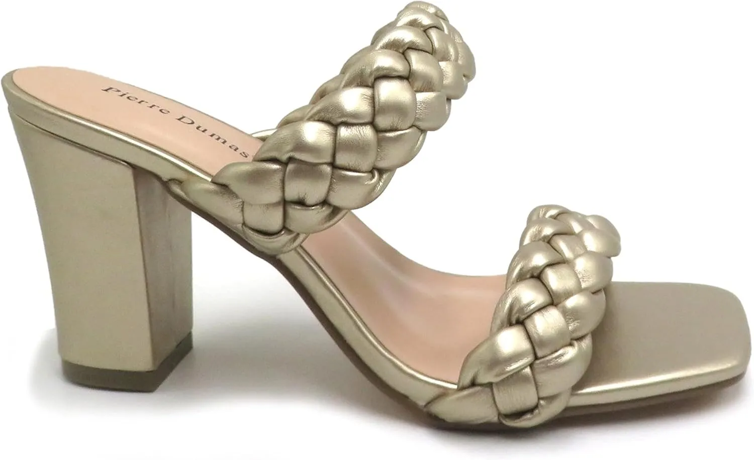 Pierre Dumas Women Double Braided Straps Open Square Toe Slide Block Heel Sandal