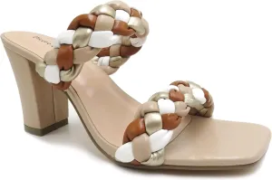 Pierre Dumas Women Double Braided Straps Open Square Toe Slide Block Heel Sandal