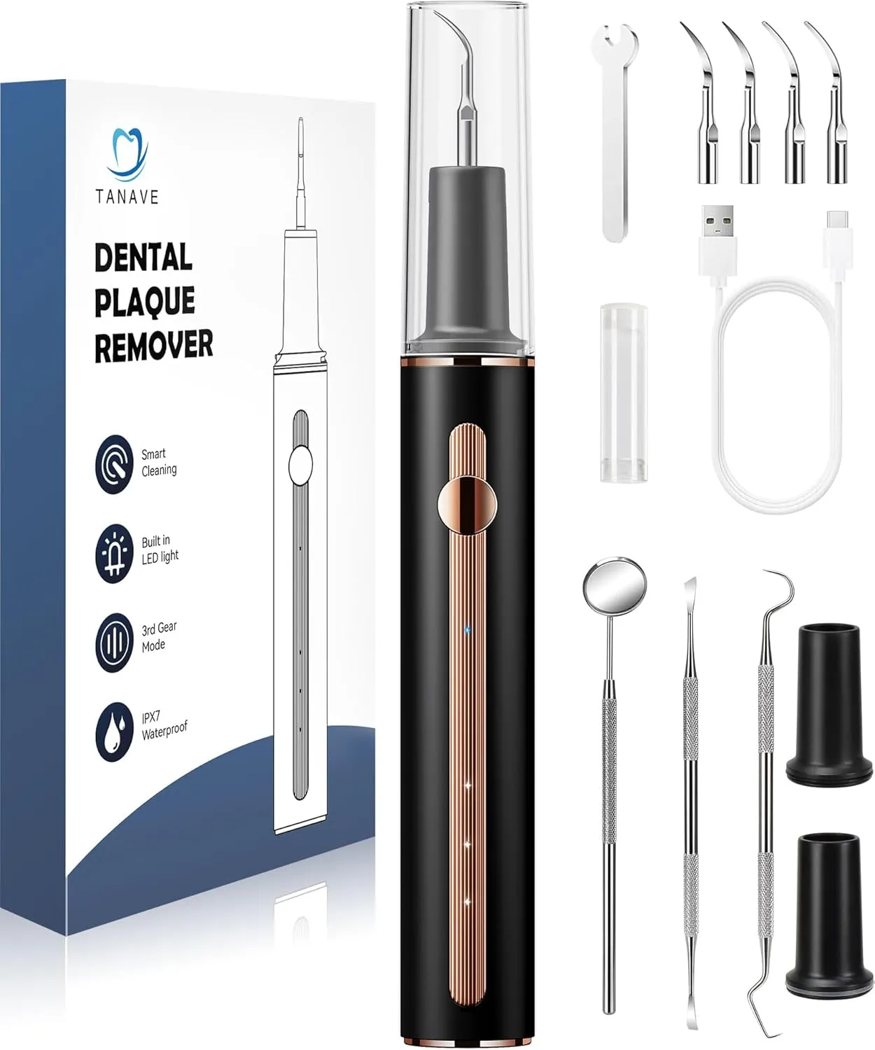 Plaque Remover for Teeth, Teeth Cleaning Kit with Ultrasonic Tooth Cleaner and Dental Tools, Dental Picks for Teeth Cleaning and Rechargeable Plaque Blaster with LED, Tartar Remover, 4 Heads