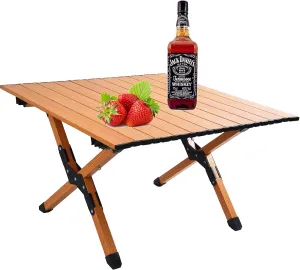 Portable Picnic Table with Rollable Aluminum Alloy Top and Folding X-Shaped Frame, Compact Design for 4-6 People, Brown and White