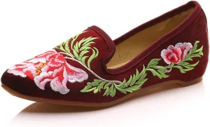 Qhome Women's Chinese Peony Floral Embroidery Pointed-Toe Comfortable Satin Casual Mules Flat Shoes