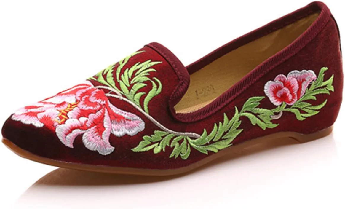 Qhome Women's Chinese Peony Floral Embroidery Pointed-Toe Comfortable Satin Casual Mules Flat Shoes