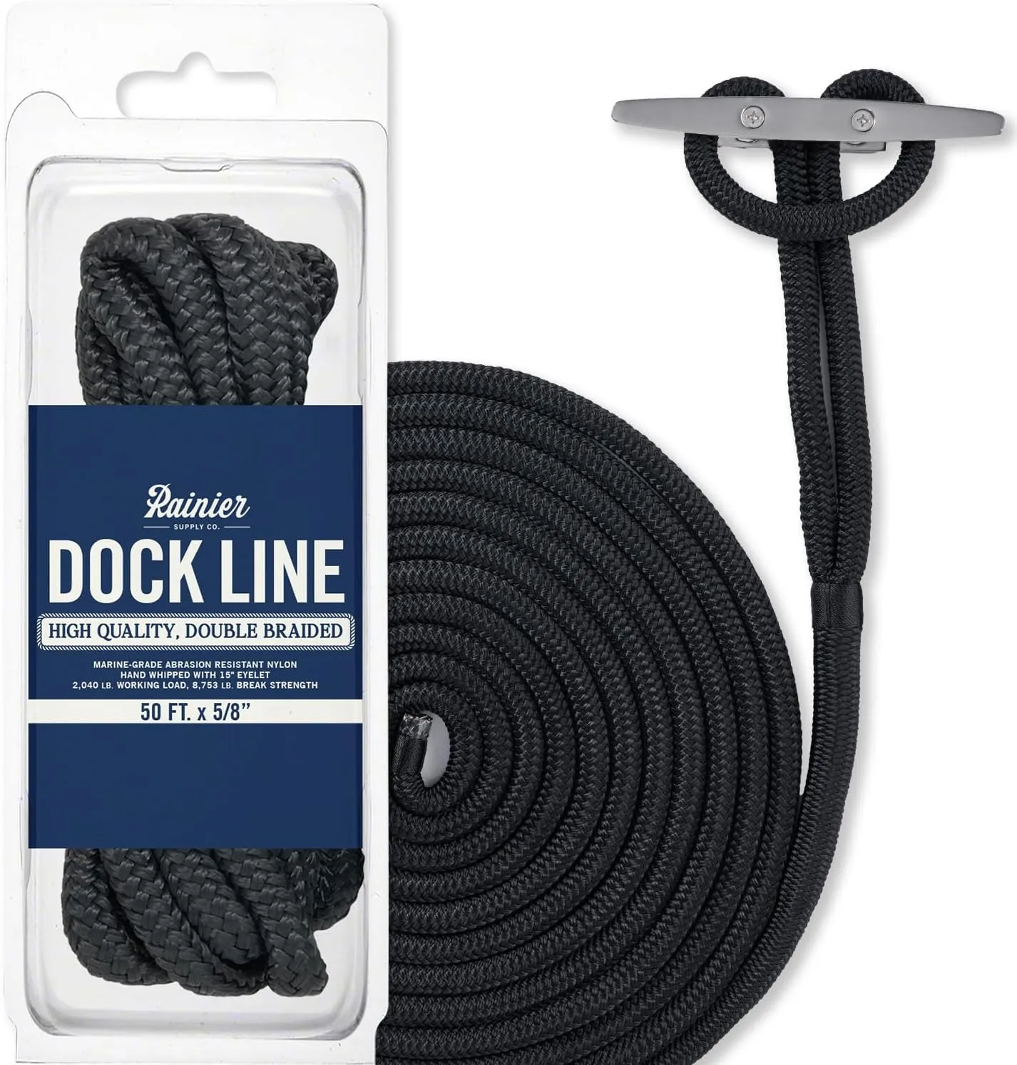 RainierSupplyCo Dock Lines - Boat Rope for Docking with Loop - 50 ft x 5/8 Inch Premium Double Braided Nylon Marine Rope - Mooring Line with 18" Eyelet - Boat Accessories - Black