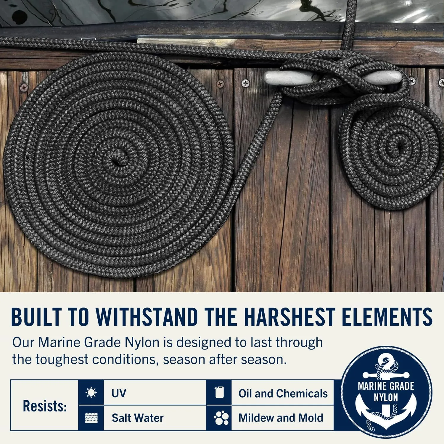 RainierSupplyCo Dock Lines - Boat Rope for Docking with Loop - 50 ft x 5/8 Inch Premium Double Braided Nylon Marine Rope - Mooring Line with 18" Eyelet - Boat Accessories - Black