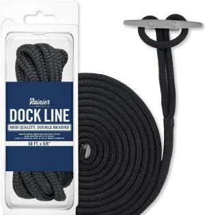 RainierSupplyCo Dock Lines - Boat Rope for Docking with Loop - 50 ft x 5/8 Inch Premium Double Braided Nylon Marine Rope - Mooring Line with 18" Eyelet - Boat Accessories - Black