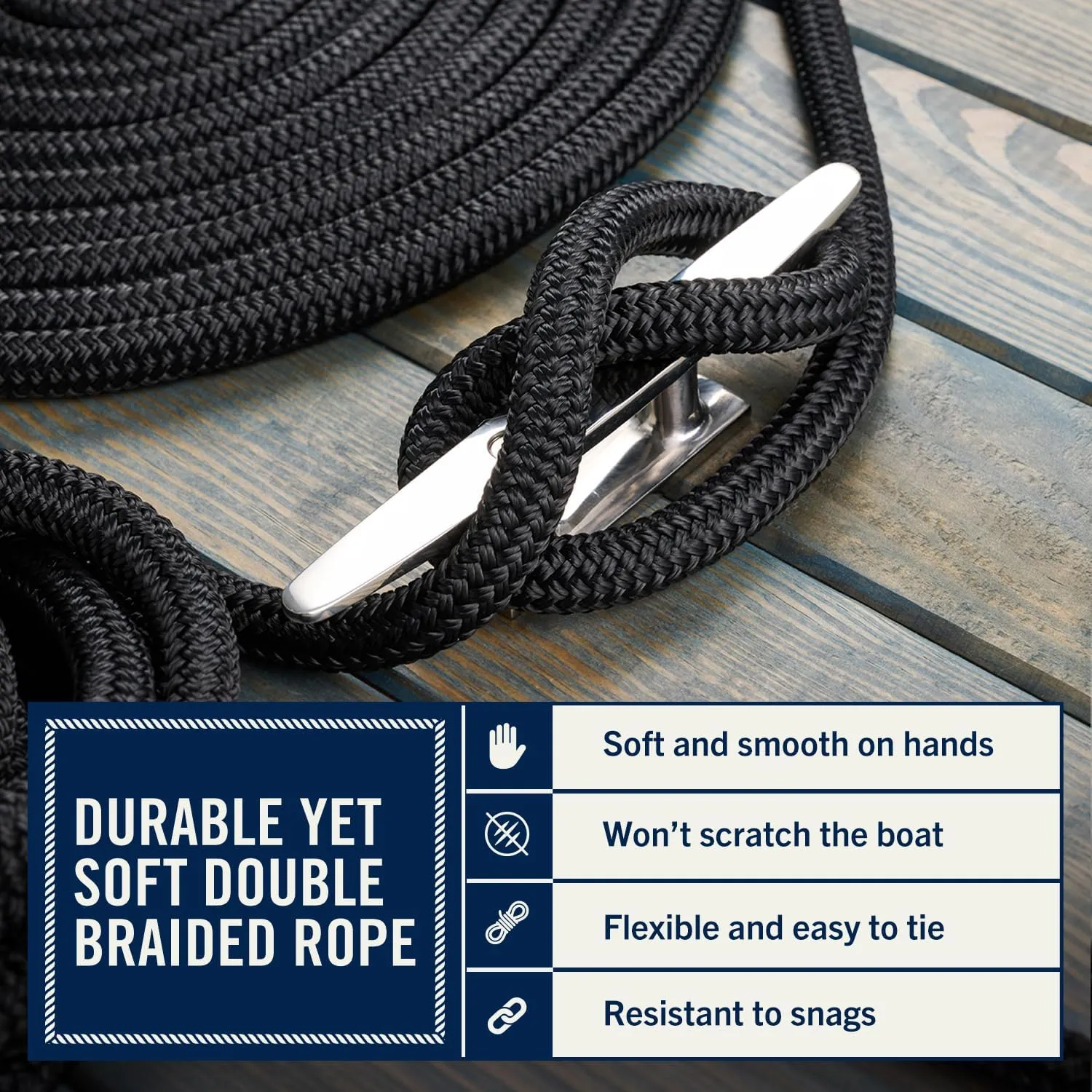 RainierSupplyCo Dock Lines - Boat Rope for Docking with Loop - 50 ft x 5/8 Inch Premium Double Braided Nylon Marine Rope - Mooring Line with 18" Eyelet - Boat Accessories - Black