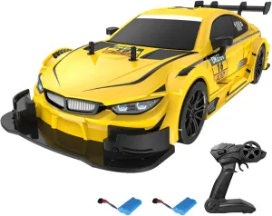 RC Drift Car, 1:16 Scale RC Cars 2.4GHz 4WD High Speed Remote Control Car, RC Sport Racing Car with LED Lights, Two Batteries and Drifting Tires for Kids and Adults (Yellow)