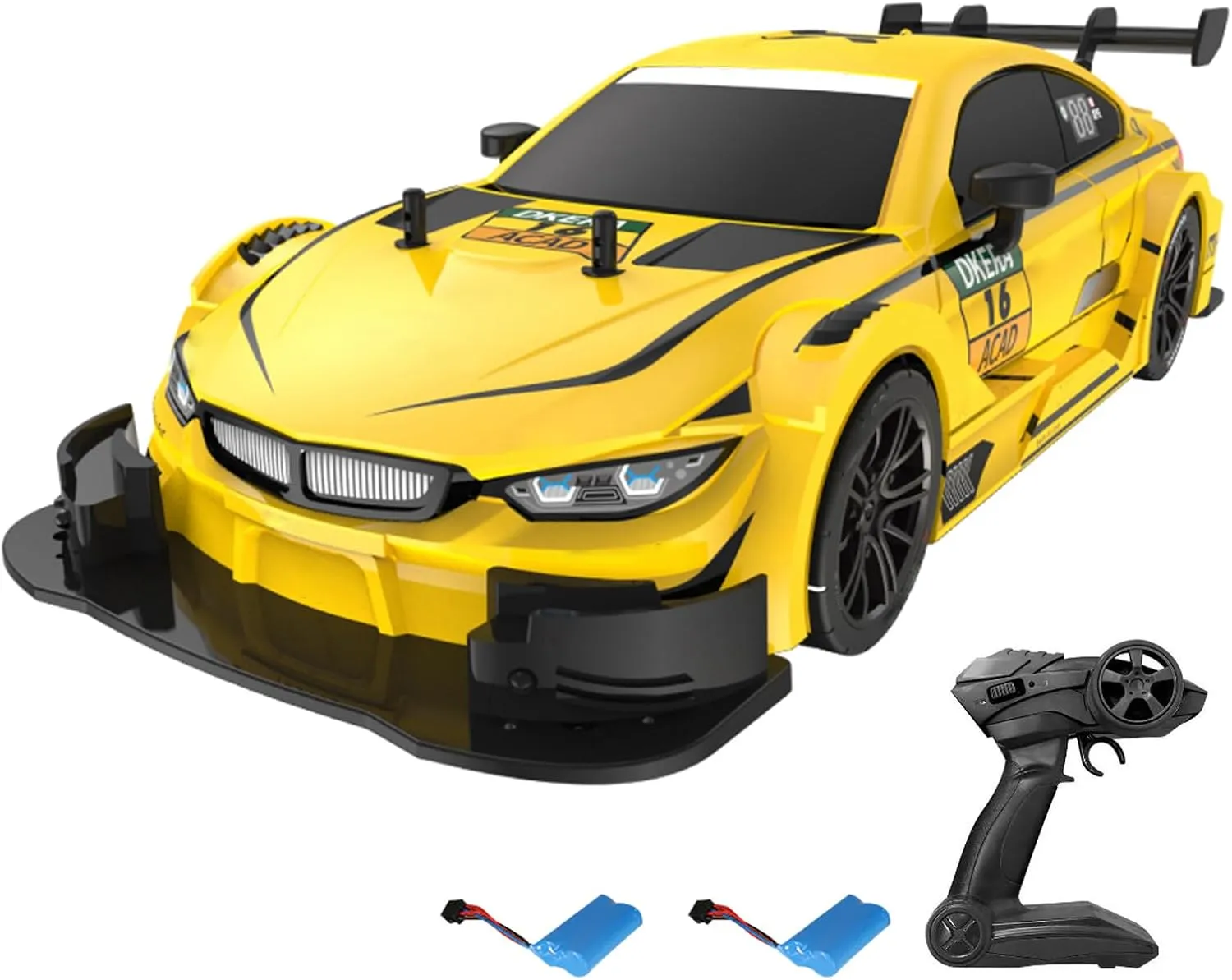 RC Drift Car, 1:16 Scale RC Cars 2.4GHz 4WD High Speed Remote Control Car, RC Sport Racing Car with LED Lights, Two Batteries and Drifting Tires for Kids and Adults (Yellow)