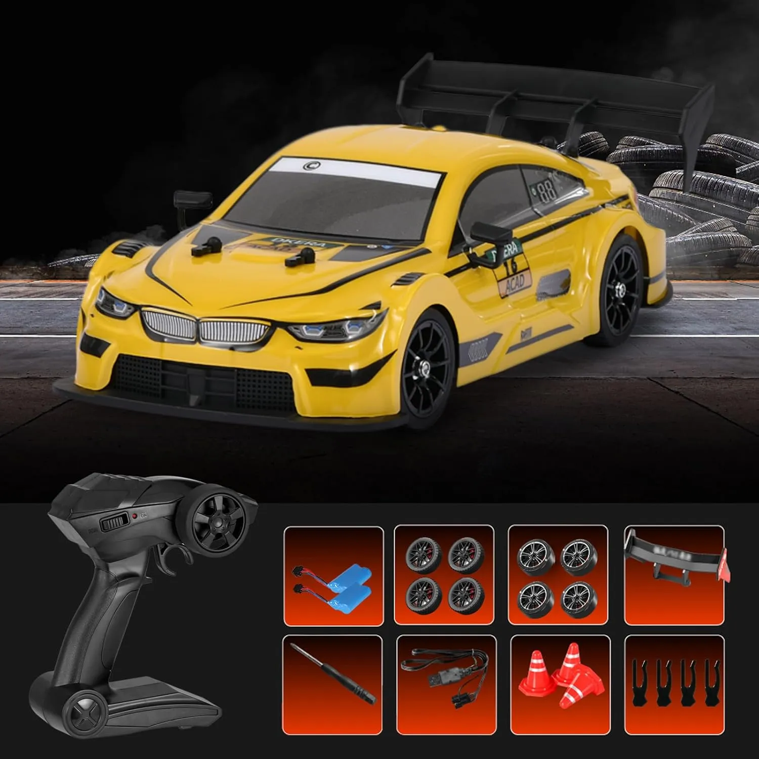 RC Drift Car, 1:16 Scale RC Cars 2.4GHz 4WD High Speed Remote Control Car, RC Sport Racing Car with LED Lights, Two Batteries and Drifting Tires for Kids and Adults (Yellow)