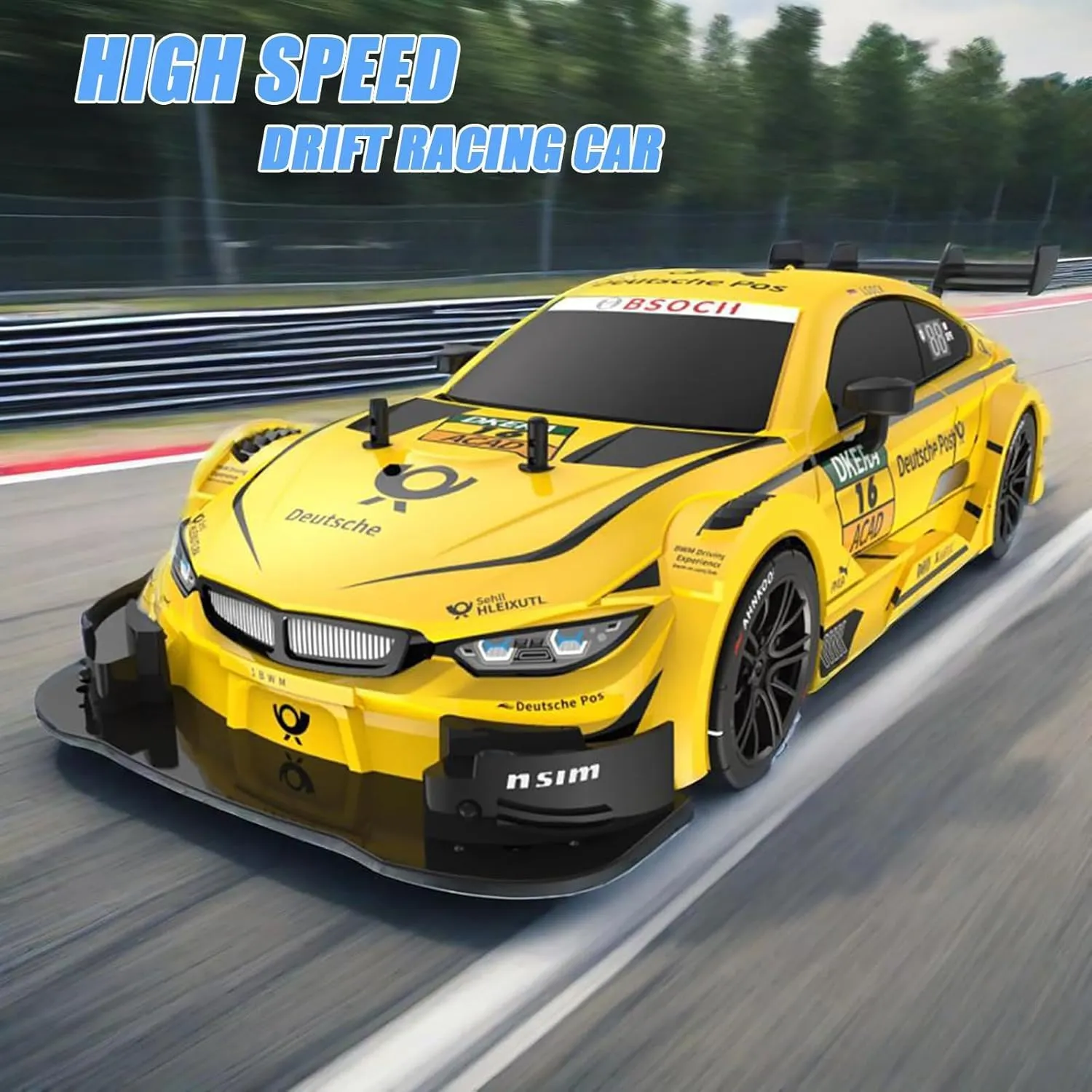 RC Drift Car, 1:16 Scale RC Cars 2.4GHz 4WD High Speed Remote Control Car, RC Sport Racing Car with LED Lights, Two Batteries and Drifting Tires for Kids and Adults (Yellow)