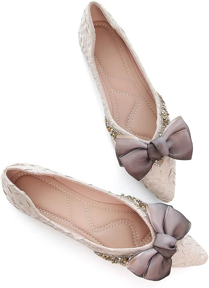 SAILING LU Bow-Knot Ballet Flats for Women Pointed Toe Crystals Wedding Shoes Comfort Light Weight Loafers