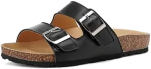 Sandals for Women – Comfortable Double Buckle Slip-On with Leather Footbed & Arch Support Slides for Women Footwear