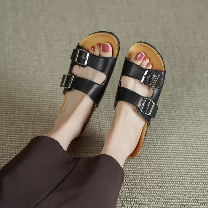 Sandals for Women – Comfortable Double Buckle Slip-On with Leather Footbed & Arch Support Slides for Women Footwear