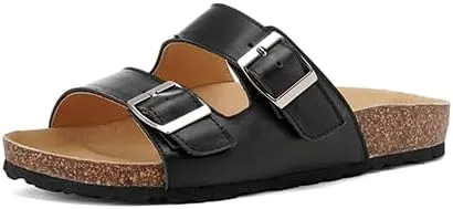 Sandals for Women – Comfortable Double Buckle Slip-On with Leather Footbed & Arch Support Slides for Women Footwear