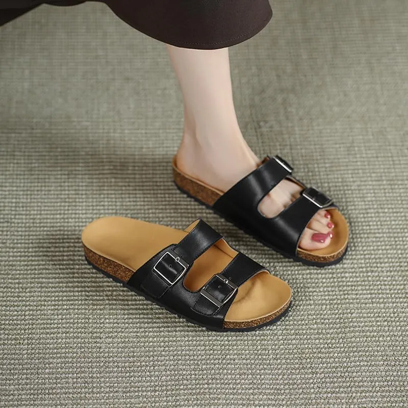 Sandals for Women – Comfortable Double Buckle Slip-On with Leather Footbed & Arch Support Slides for Women Footwear