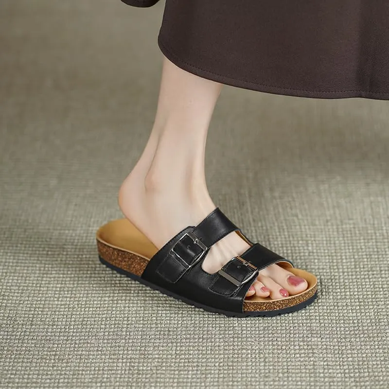 Sandals for Women – Comfortable Double Buckle Slip-On with Leather Footbed & Arch Support Slides for Women Footwear