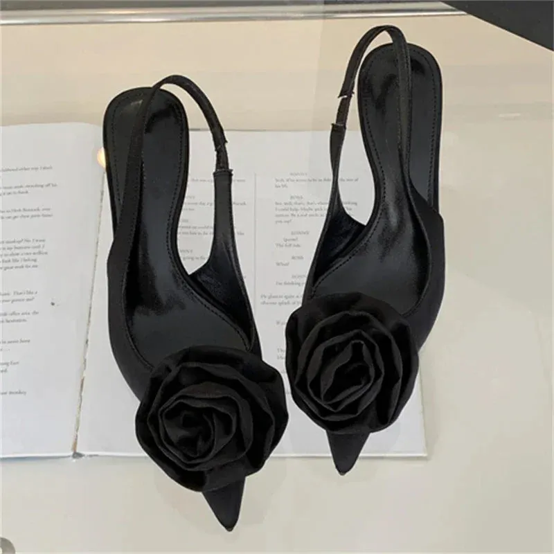 Satin Slingback Women Pumps with Sexy Flower Design, Pointed Toe and Thin High Heels