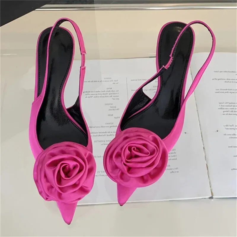 Satin Slingback Women Pumps with Sexy Flower Design, Pointed Toe and Thin High Heels