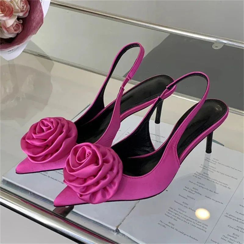 Satin Slingback Women Pumps with Sexy Flower Design, Pointed Toe and Thin High Heels
