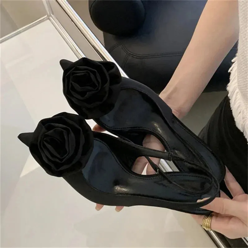 Satin Slingback Women Pumps with Sexy Flower Design, Pointed Toe and Thin High Heels