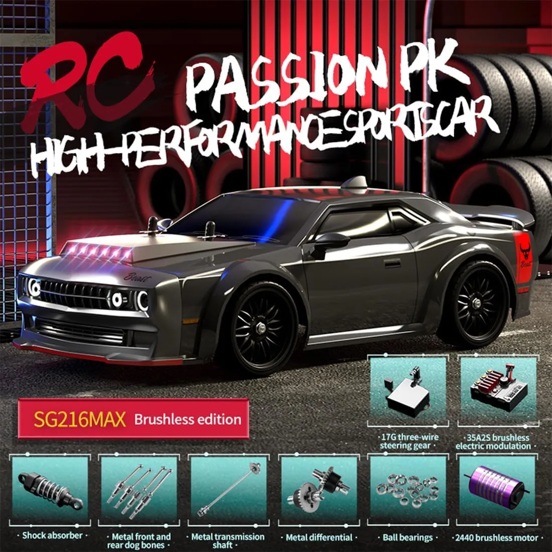 SG216 1/16 4WD High-Speed RC Drift Car, Features a Highly Realistic Structural Design and Vacuum Rubber Racing Tyres, A Gift for Car Enthusiasts (One Battery/Brushless Version)