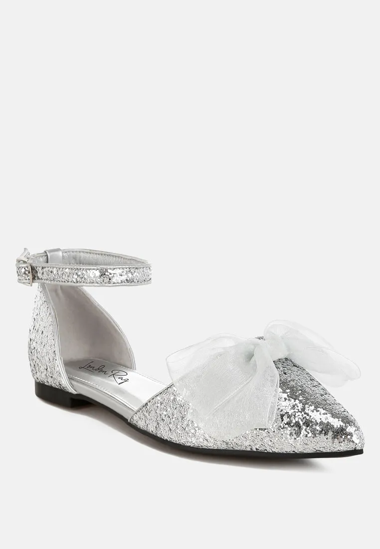 Sheer Bow Detail Glitter Flat Sandals By RAG