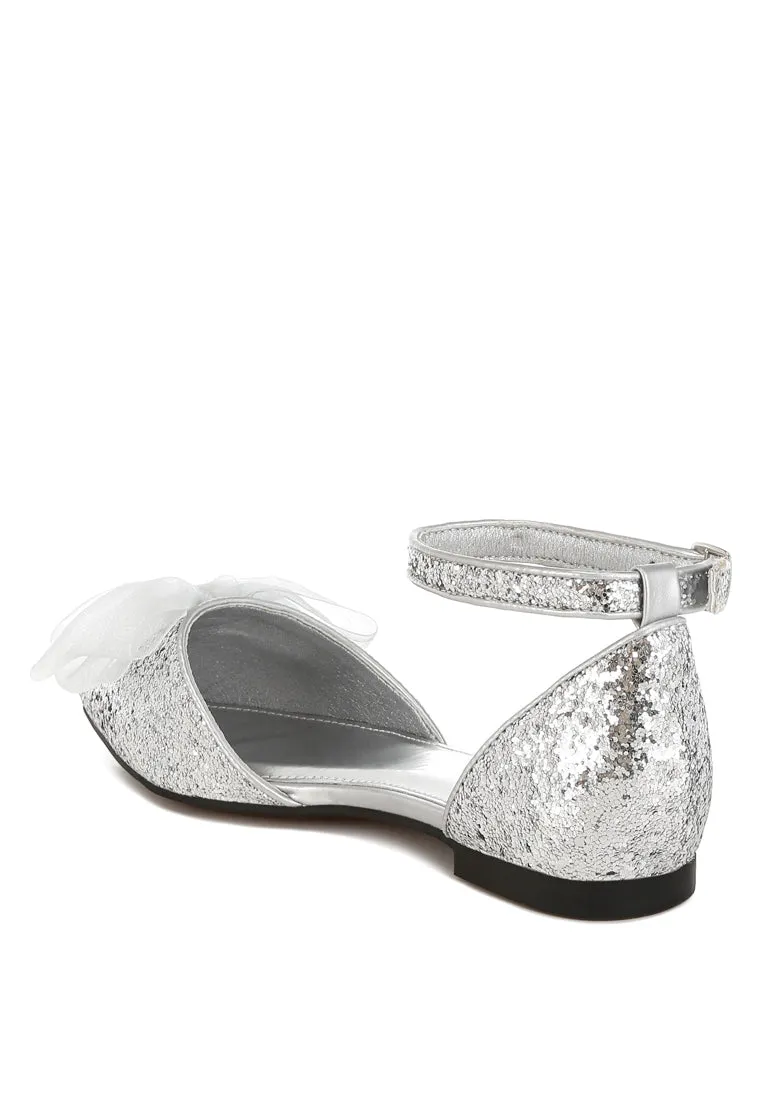 Sheer Bow Detail Glitter Flat Sandals By RUW