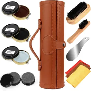 Shoe Shine Kit with PU Leather Sleek Elegant Case, 12-Piece Travel Shoe Shine Brush kit