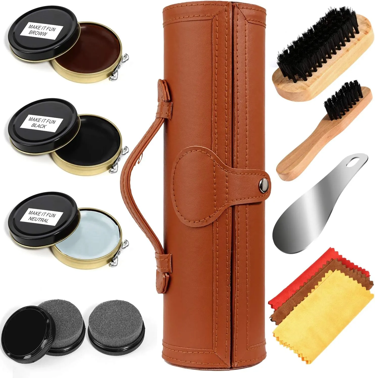 Shoe Shine Kit with PU Leather Sleek Elegant Case, 12-Piece Travel Shoe Shine Brush kit
