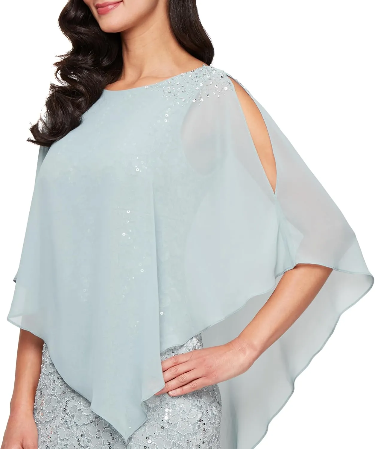 S.L. Fashions Women's Long Length Sequin Lace Beaded Capelet Dress, Formal Evening Gown, (Petite and Regular Sizes)