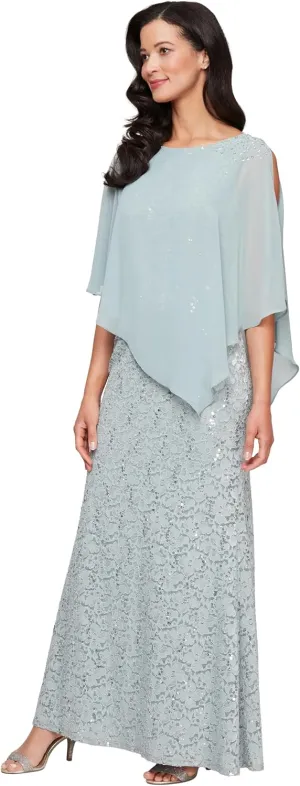 S.L. Fashions Women's Long Length Sequin Lace Beaded Capelet Dress, Formal Evening Gown, (Petite and Regular Sizes)