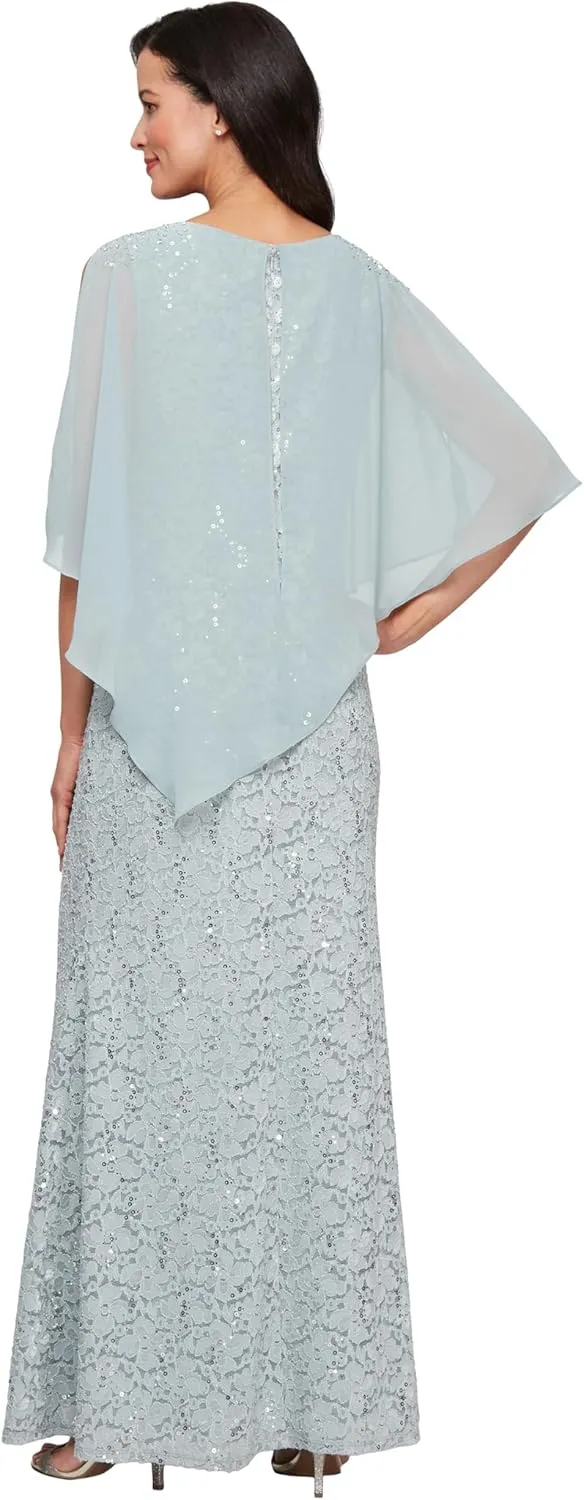 S.L. Fashions Women's Long Length Sequin Lace Beaded Capelet Dress, Formal Evening Gown, (Petite and Regular Sizes)