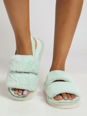 Slingback Plush Double Band Mule Slipper - Sage