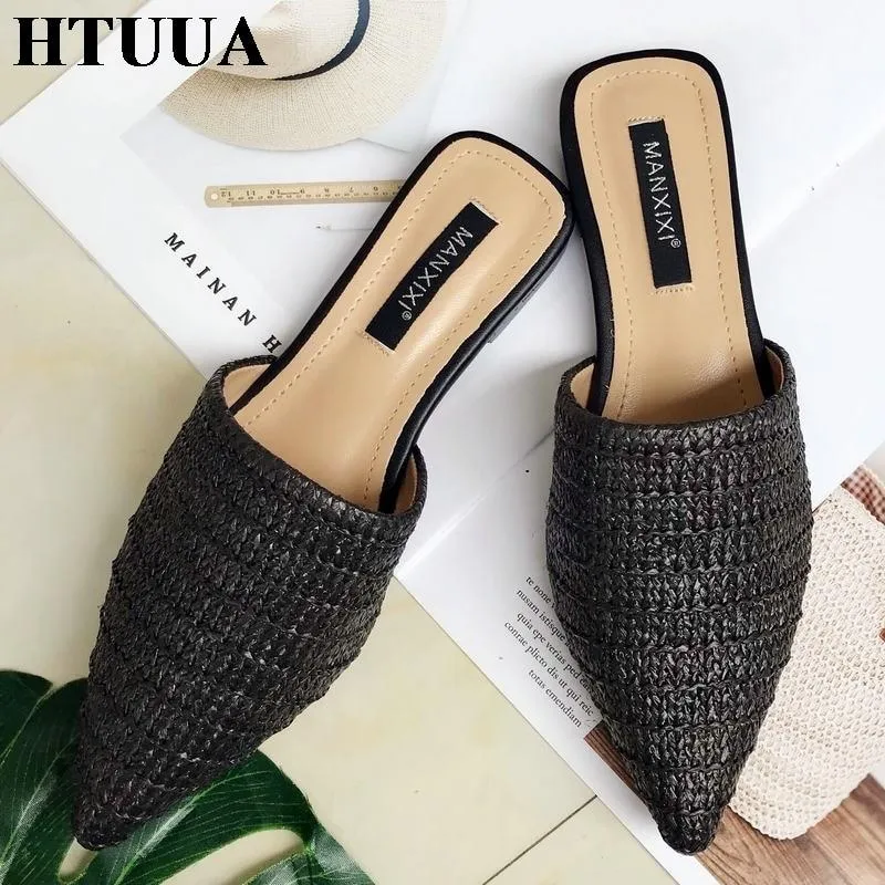Slippers Fashion Pointed Toe Weave Mules Flat Slides Shoes