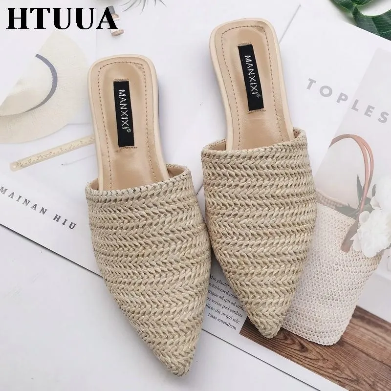 Slippers Fashion Pointed Toe Weave Mules Flat Slides Shoes