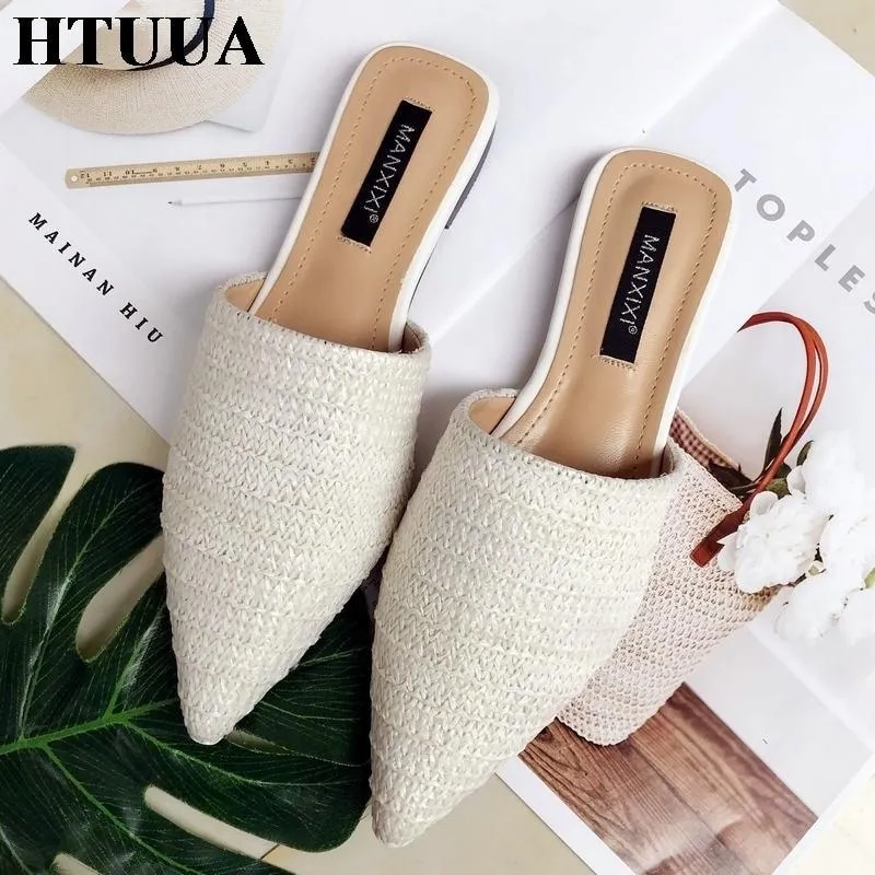 Slippers Fashion Pointed Toe Weave Mules Flat Slides Shoes